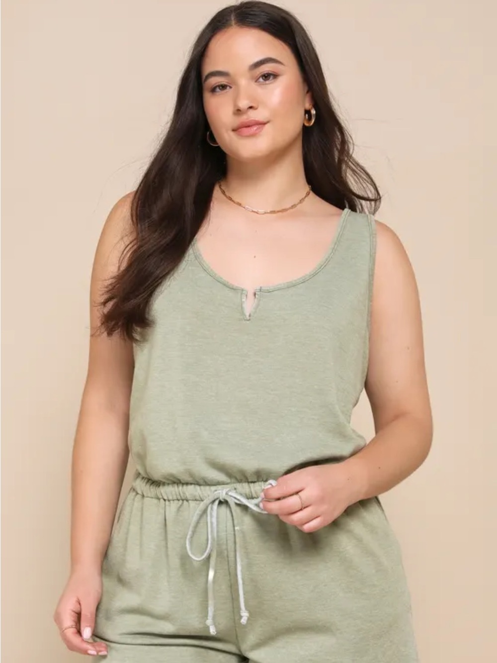 Lulus Perfect Lazy Day Sage Green Sleeveless Drawstring Lounge Romper - Picture 2 of 16